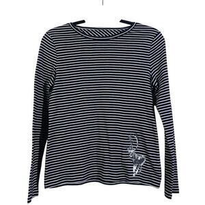 TALBOTS Top Shirt Blouse SP Striped Holiday Sequin‎ Reindeer Crew Neck Prima